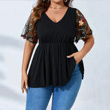 Plus Size Europe and The United States New Women's V-neck Casual Mesh T-shirt