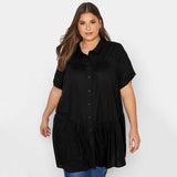 Plus Size Summer Elegant Longline Smock Shirt Women Short Sleeve Black Casual Tiered Blouse Large Size Loose Black Shirt 6XL 7XL