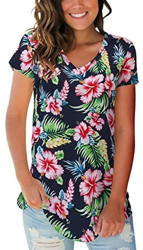 Summer Floral Tops for Women Classic V Neck Tshirts Short Sleeve Cute Tops