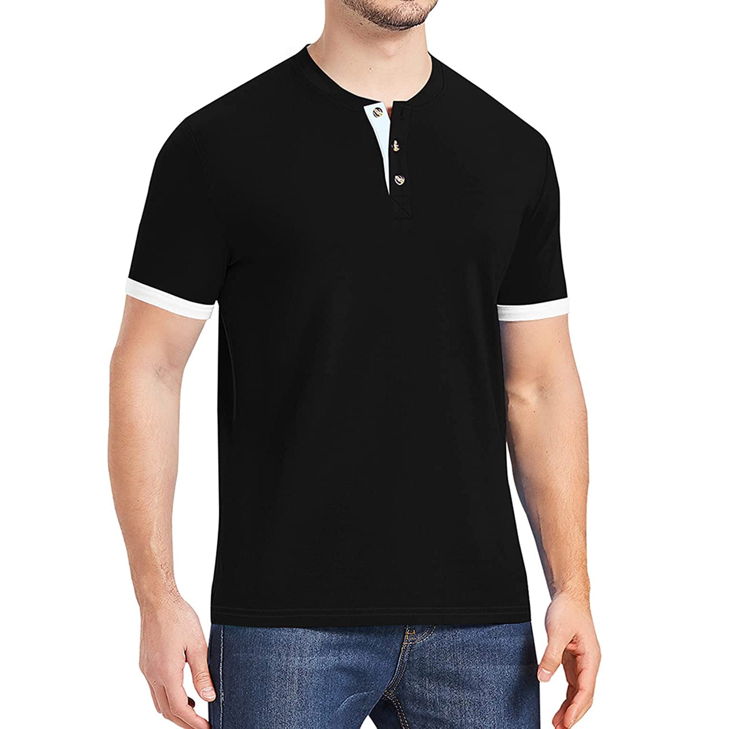 Men's Casual Henley T Shirts Short Sleeve Solid Contrast Color Crew Neck Soft Fitted Basic Button Shirts Lightweight