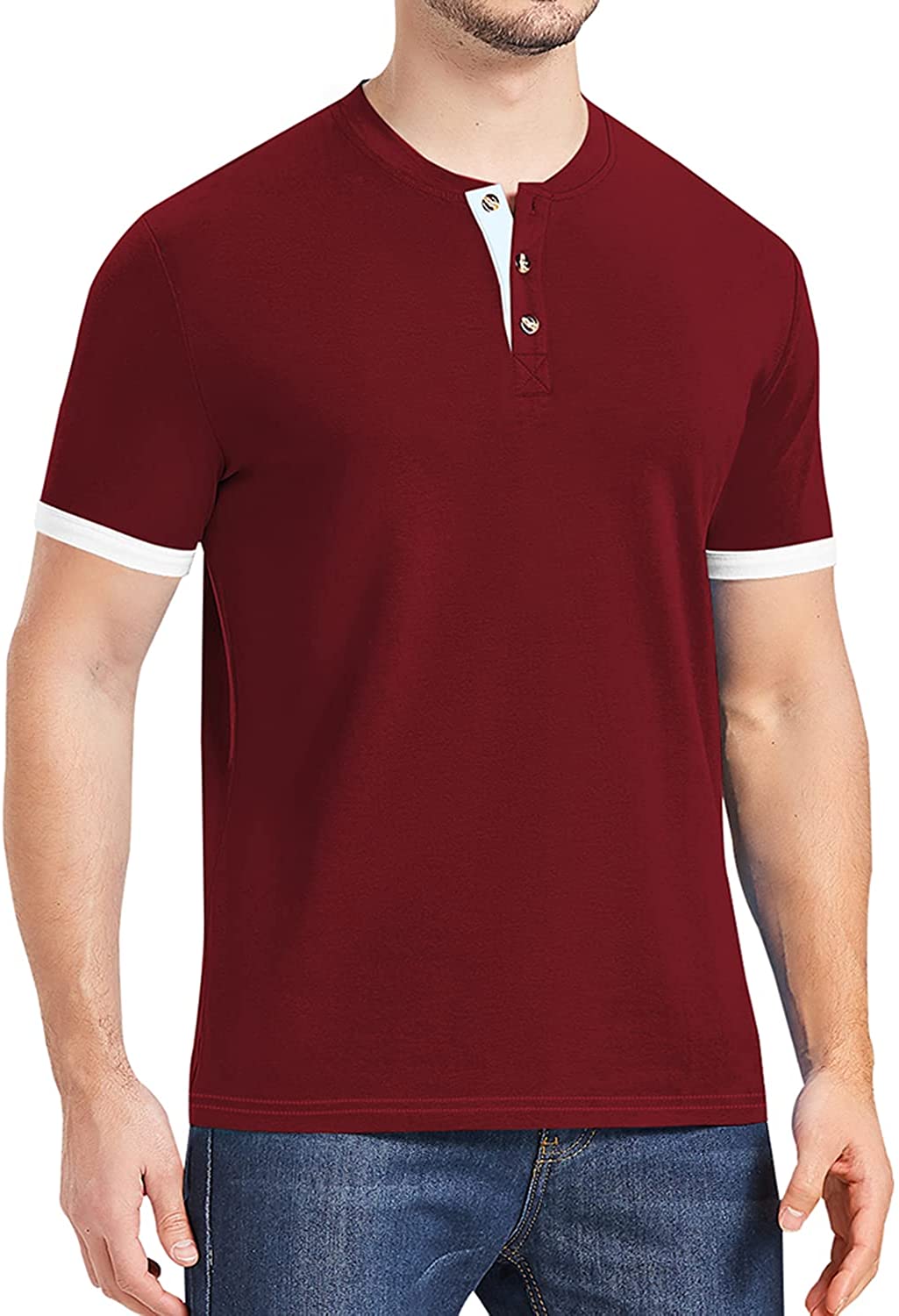 Men's Casual Henley T Shirts Short Sleeve Solid Contrast Color Crew Neck Soft Fitted Basic Button Shirts Lightweight