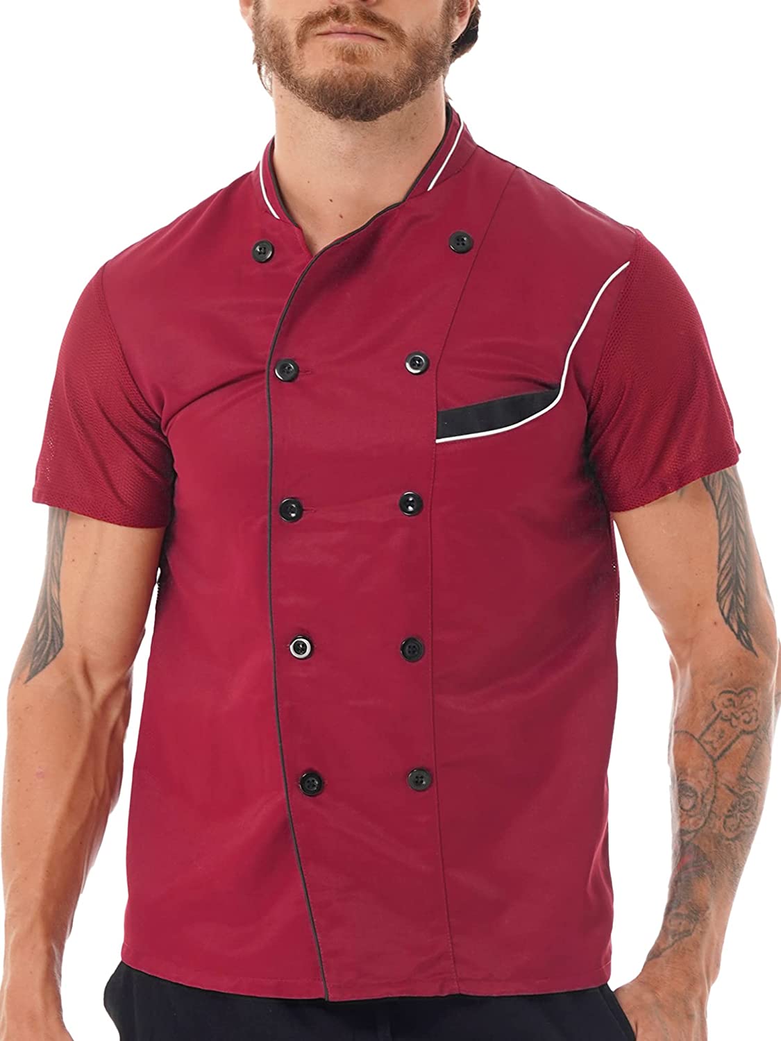 Men's Short Sleeve Chef Coat Jacket Restaurant Chef Uniform Breathable Tops with Pocket