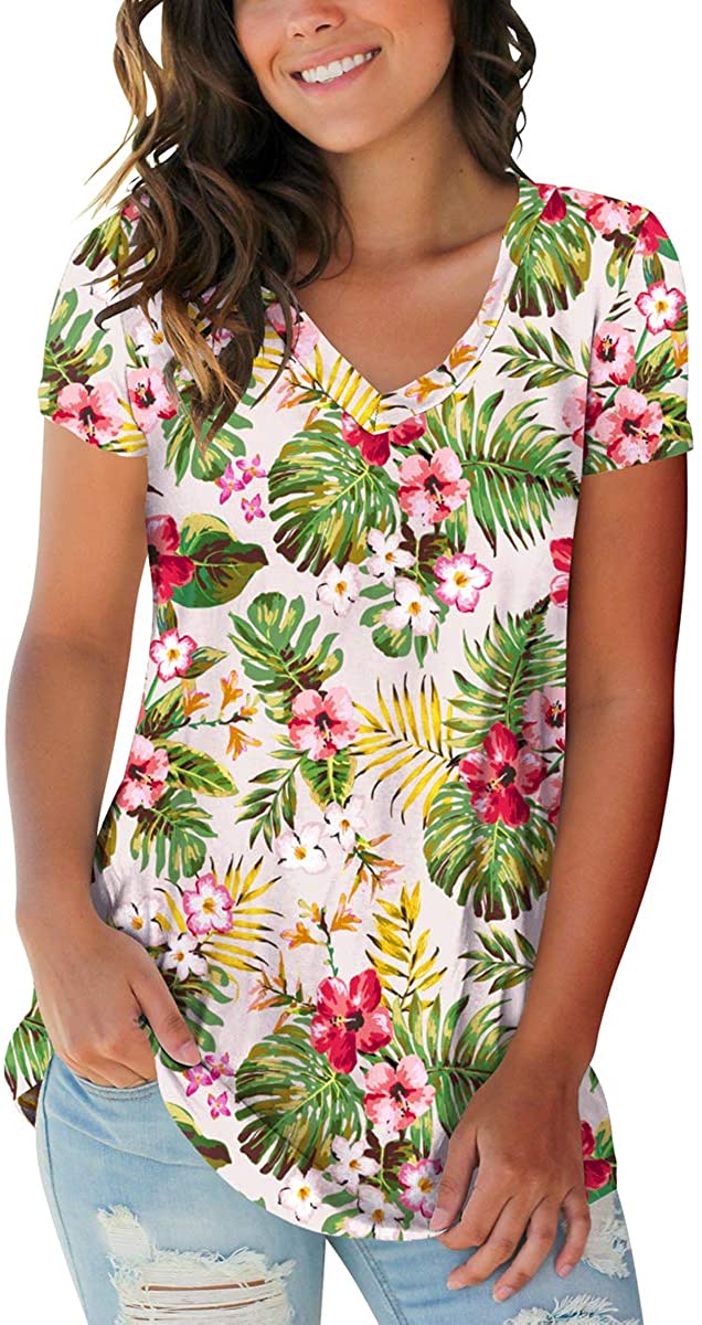 Summer Floral Tops for Women Classic V Neck Tshirts Short Sleeve Cute Tops