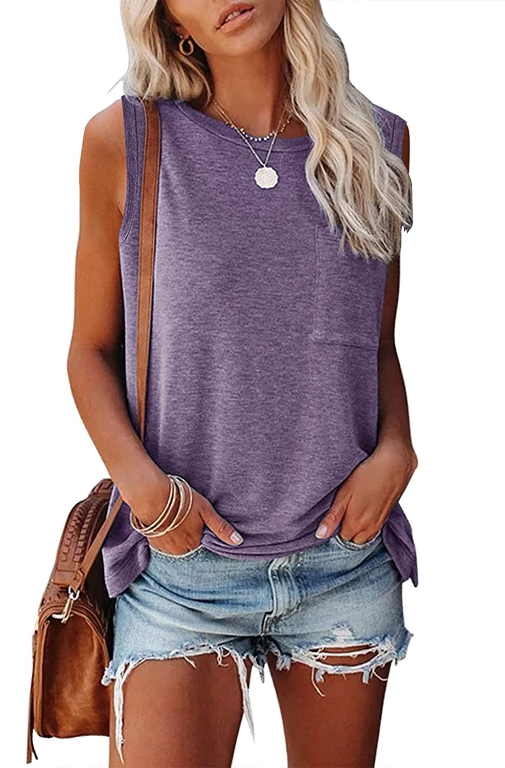 Women's Sleeveless Tank Tops Basic Loose Tunic T Shirts Batwing Sleeve Solid Color Casual Tee with Pocket
