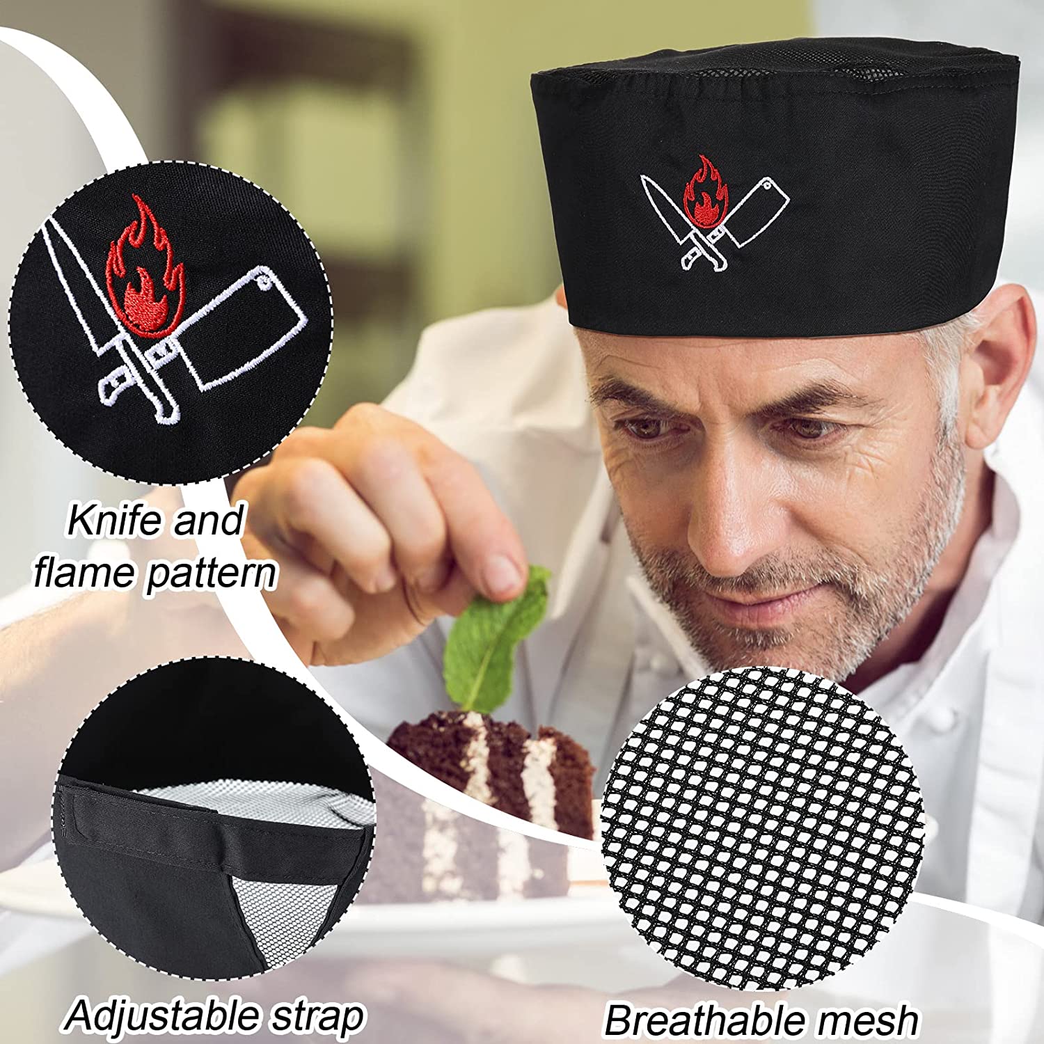 4 Pieces Unisex Chef Hat Mesh Top Skull Hat Fabric Chef Hat Kitchen Cooking Beanie Hat Elastic Food Service Skull Hat for Adults Mixed Color One Size (Black,Simple Style)