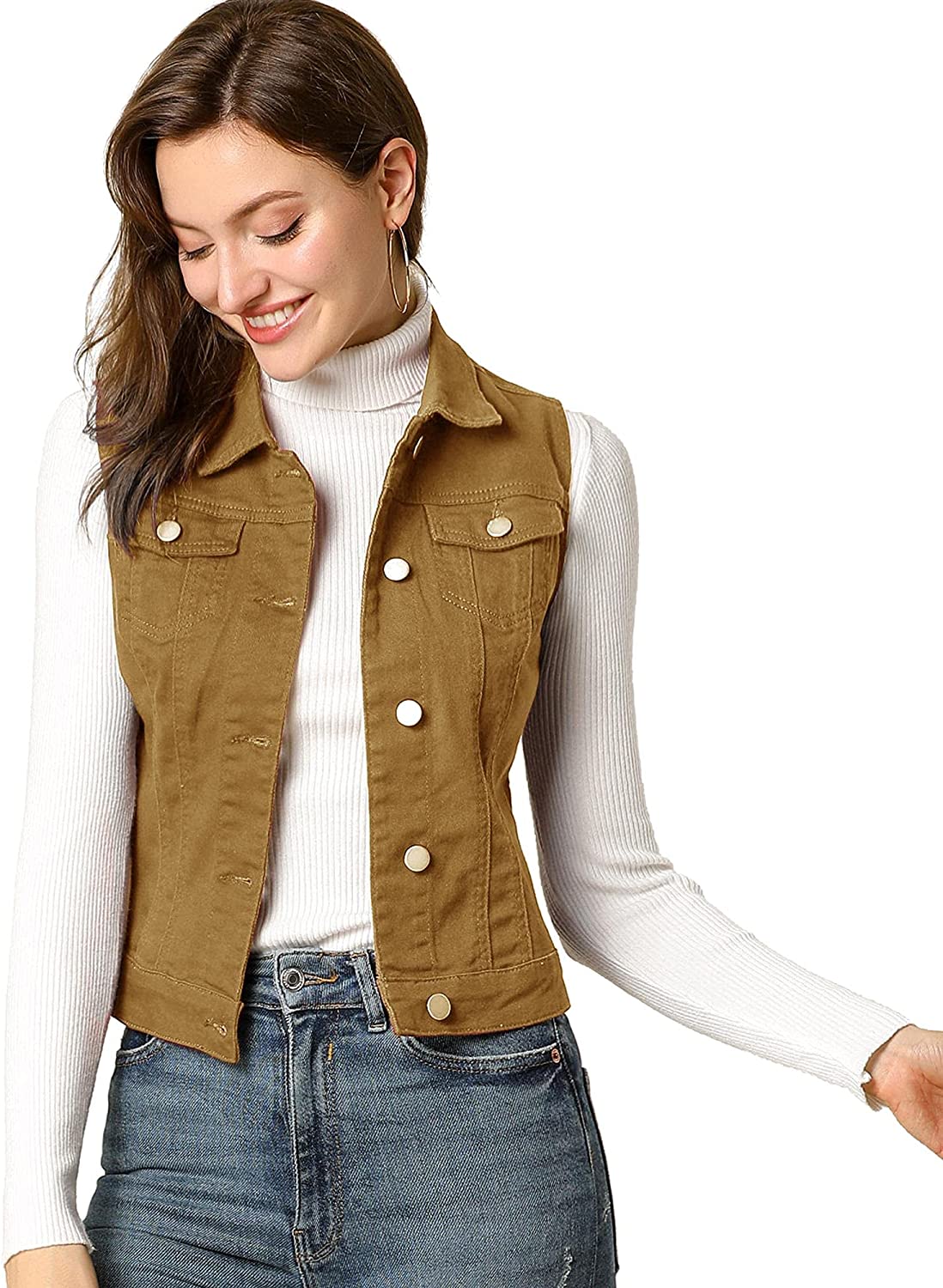 Women's Buttoned Washed Denim Vest Jacket W Chest Flap Pockets