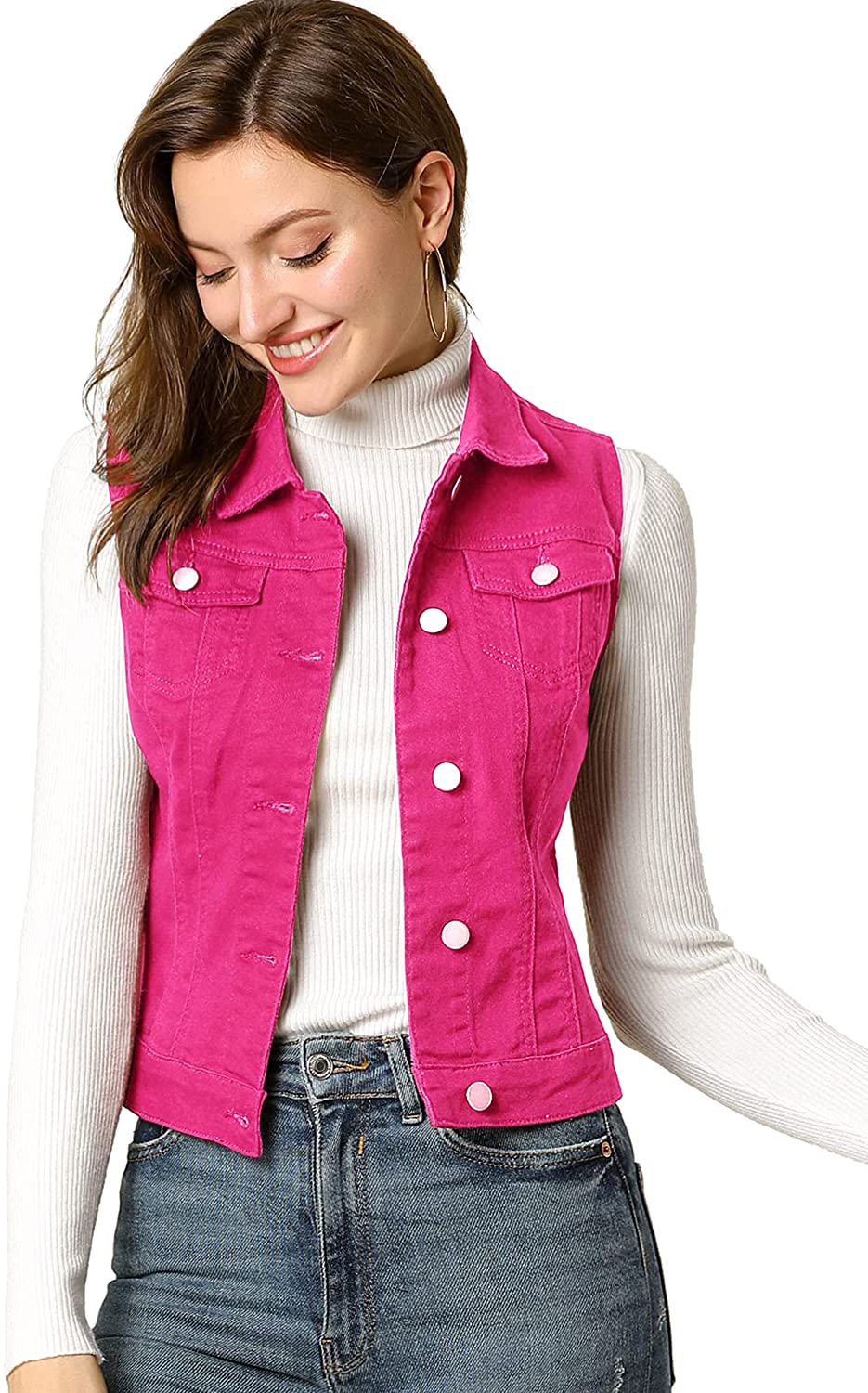 Women's Buttoned Washed Denim Vest Jacket W Chest Flap Pockets