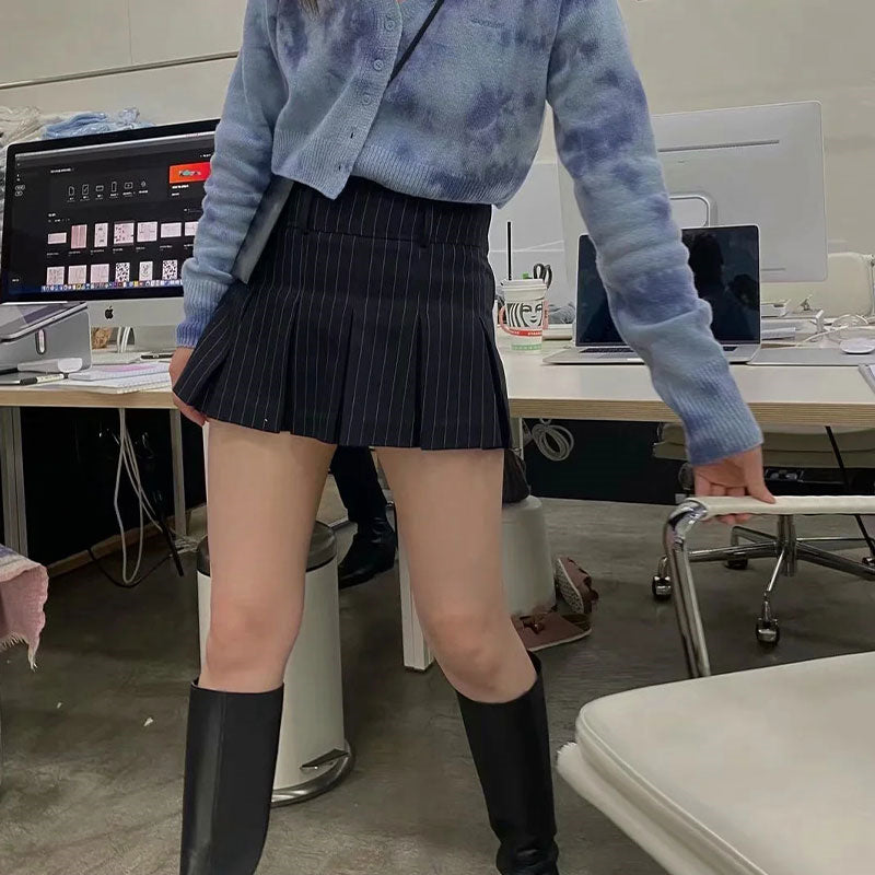 Sexy high waist striped pleated skirt woman slim fit kawaii short mini skirt