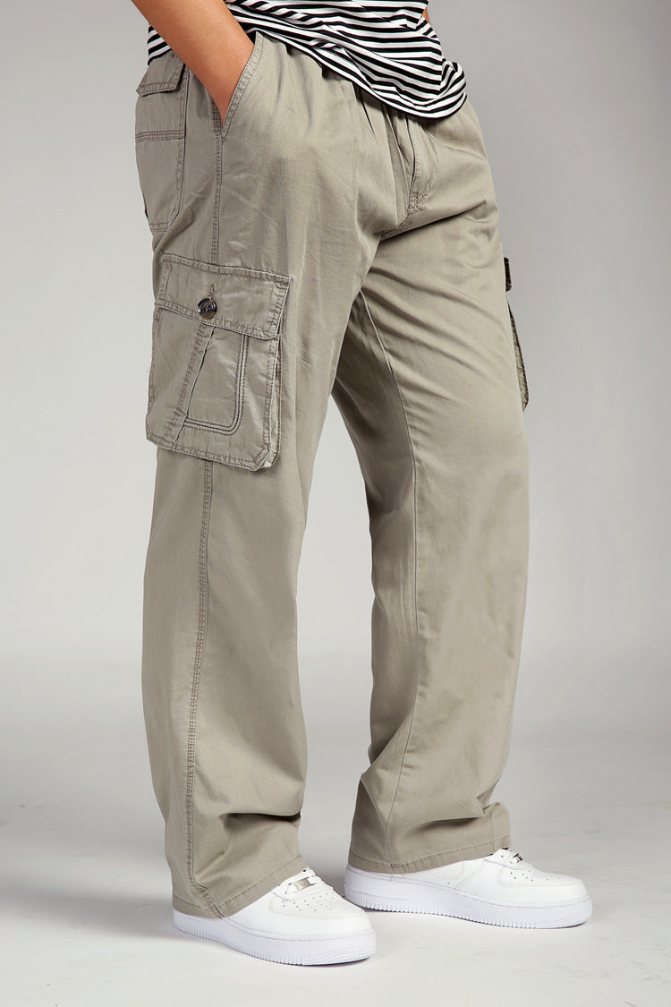 Summer Men Elastic Waist Multi-Pocket Long Baggy Straight Cargo Jogger Trousers
