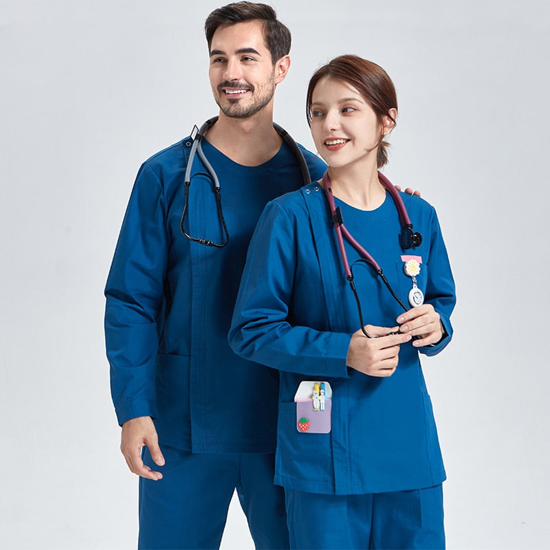 Medical Scrubs Shirt Nurse Women Cotton Scrub Set for Man Workwear Round  Neck Top