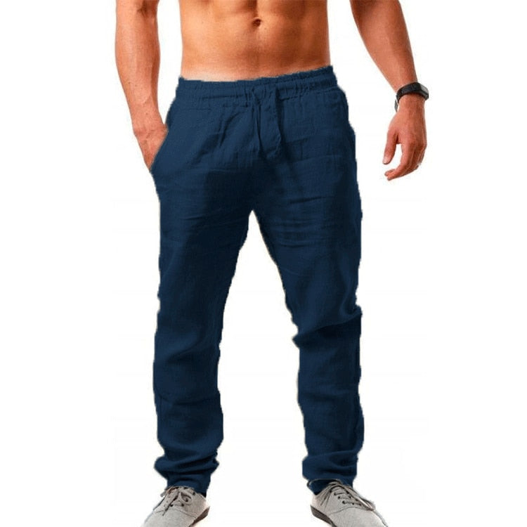 Men Cotton Linen Trousers Joggers Casual Solid Elastic Waist Straight Loose Sports Running Pants