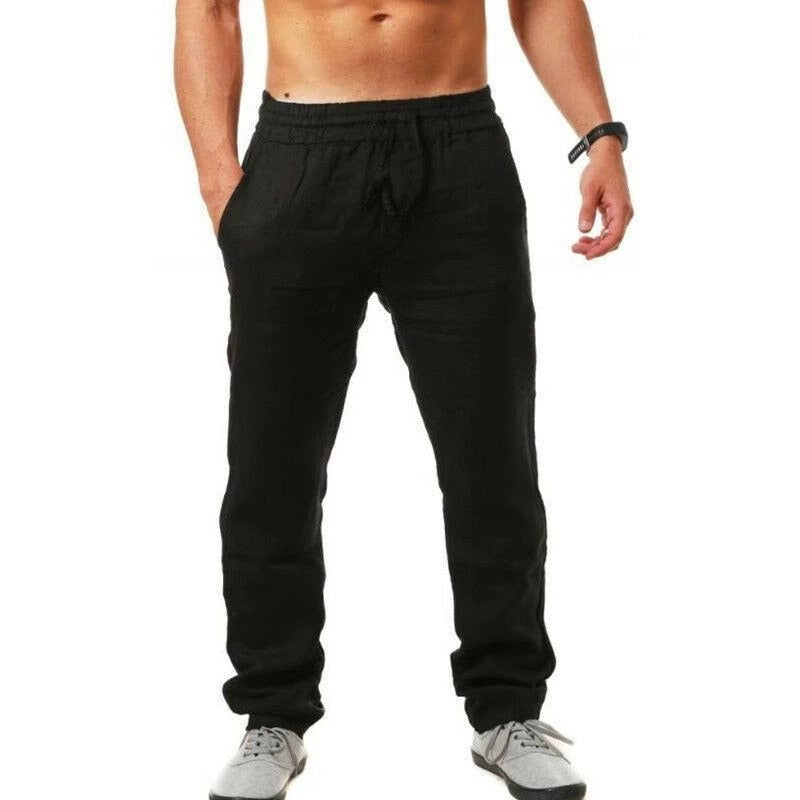 Men Cotton Linen Trousers Joggers Casual Solid Elastic Waist Straight Loose Sports Running Pants