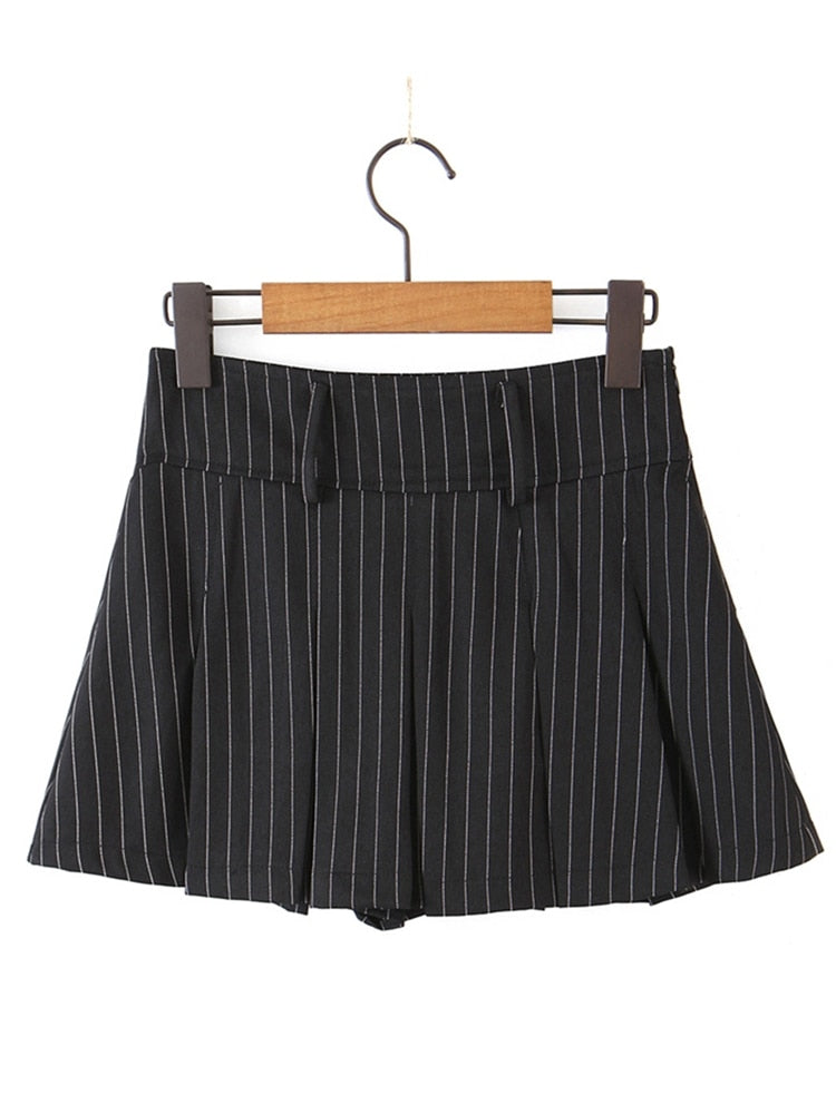 Sexy high waist striped pleated skirt woman slim fit kawaii short mini skirt