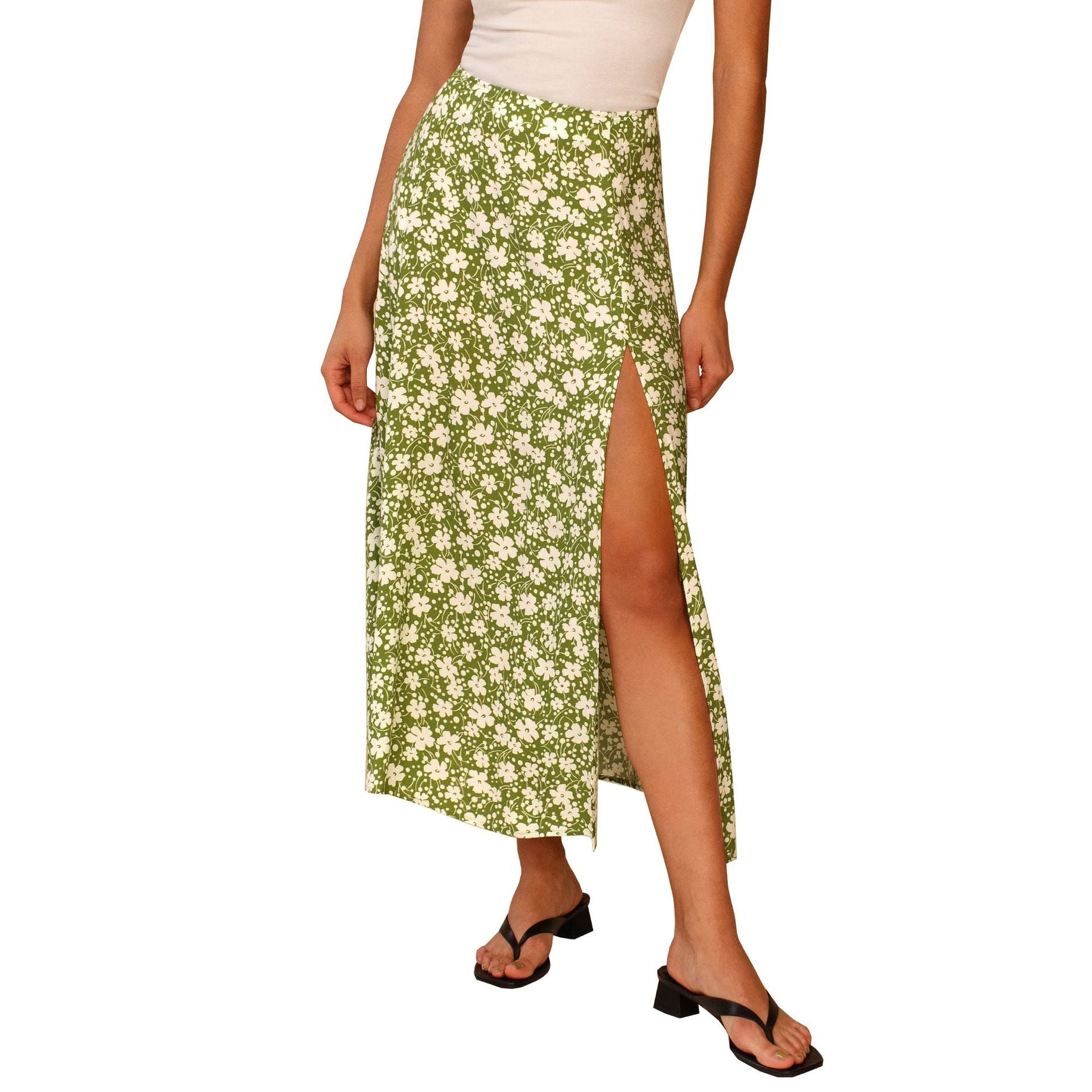 Fashion vintage skirt flower polka dot print high waist stretch split long A-line skirts