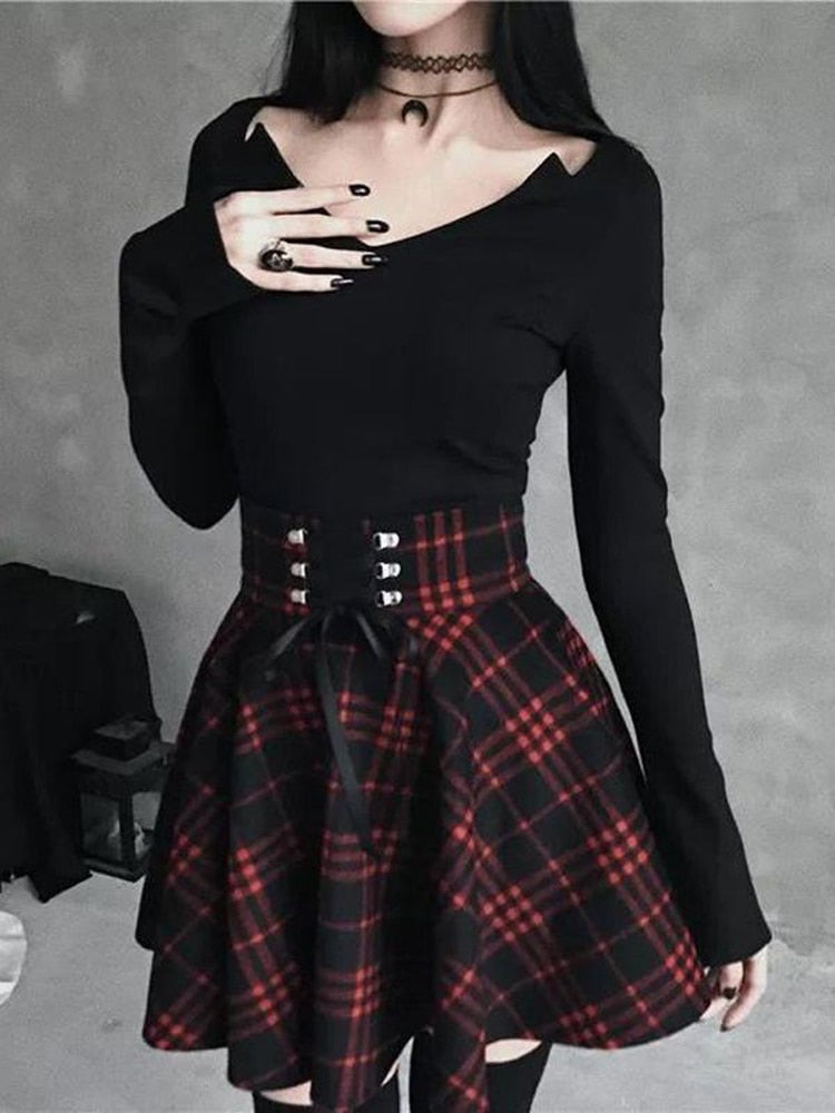 Black Checkered Women Gothic Skirt Women Pleated Plaid Skirts