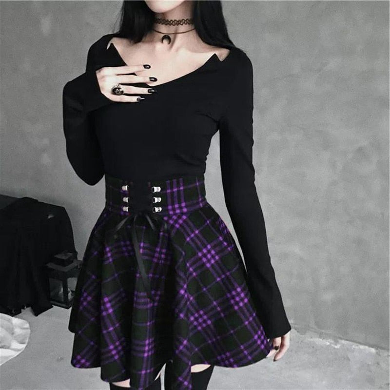 Black Checkered Women Gothic Skirt Women Pleated Plaid Skirts