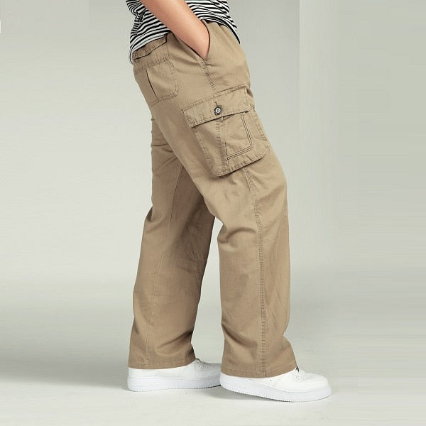 Summer Men Elastic Waist Multi-Pocket Long Baggy Straight Cargo Jogger Trousers