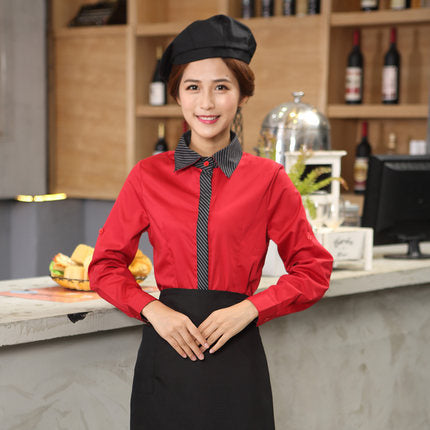 Wholesales Work Clothing 2022 Hotpot Restaurant Waiter Uniform+Apron Set Adjusted Sleeve Red Striped Work