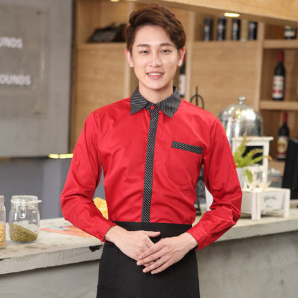 Wholesales Work Clothing 2022 Hotpot Restaurant Waiter Uniform+Apron Set Adjusted Sleeve Red Striped Work