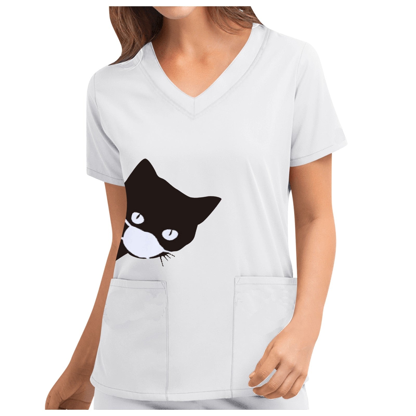 Black Cat Print Pocket Blouse Nurse Uniform Women Short Sleeve V-neck Scrub Tops