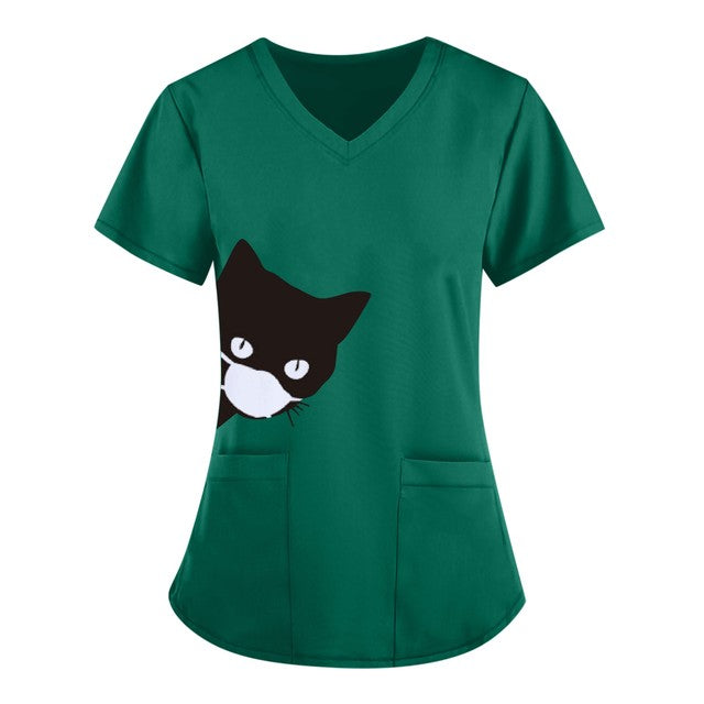 Black Cat Print Pocket Blouse Nurse Uniform Women Short Sleeve V-neck Scrub Tops