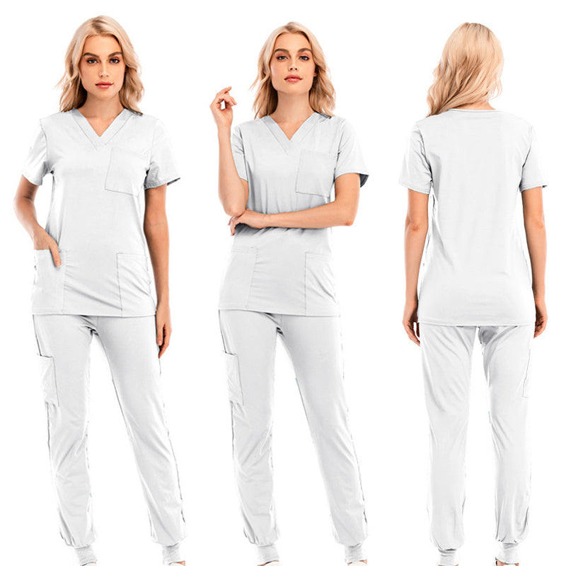 V-neck Short Sleeve Pocket Nursing Working Top Pants Uniform Solid Light Breathable Soft Women Wear Suit
