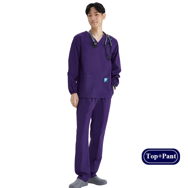 Basic Pro Medical Uniform Scrub Sets Women Men 2 Piece V Neck Top Drawstring Pants