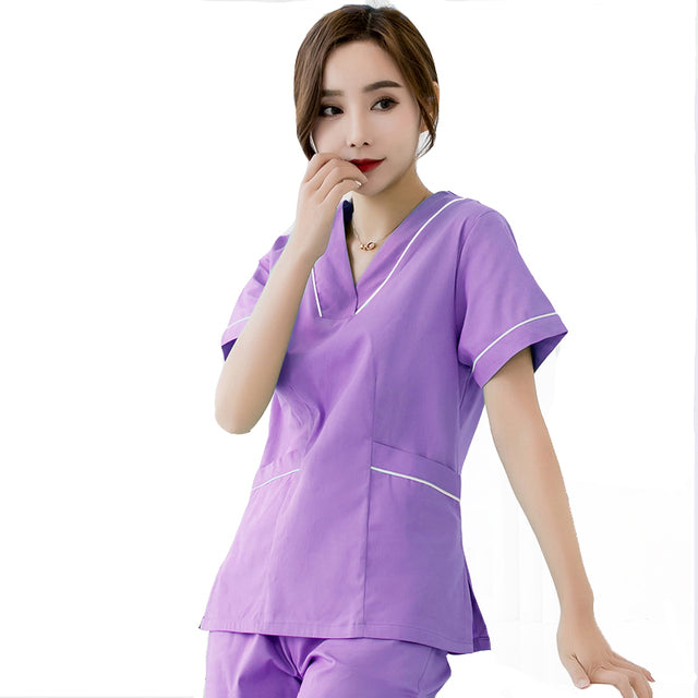 Women Scrub Top Plug Size Medical Uniforms V-Neck Spa Uniforms Short Sleeve Nursing Workwear Doctor Overalls Veterinary Cotton