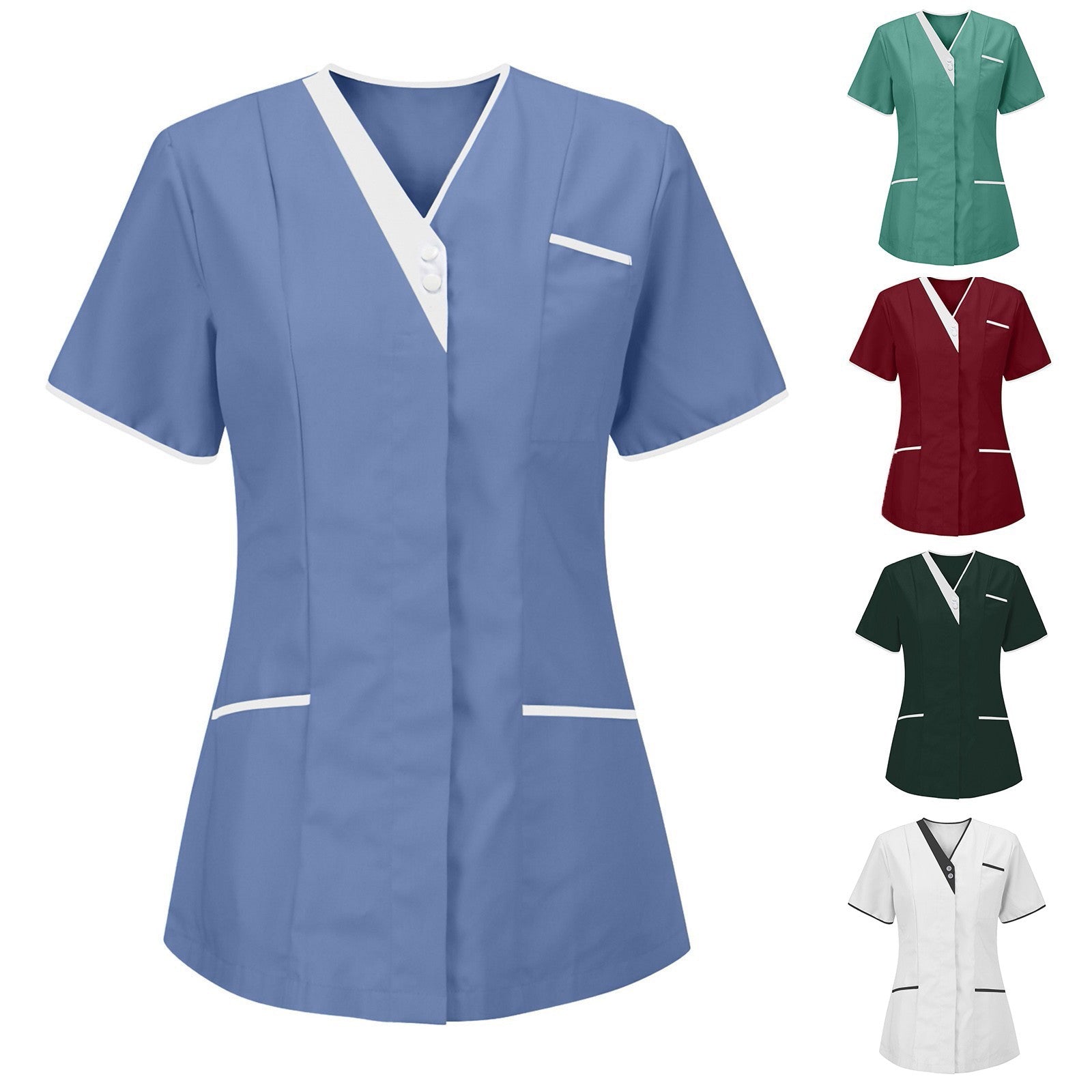 Solid Nurse Uniform Women Healthcare Pocket Scrub Tops Short Sleeve V-Neck Blouse Beauty Salon Overalls Dental Clinic Tunic