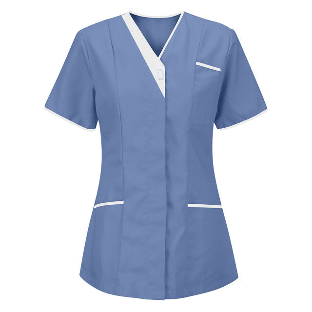 Solid Nurse Uniform Women Healthcare Pocket Scrub Tops Short Sleeve V-Neck Blouse Beauty Salon Overalls Dental Clinic Tunic