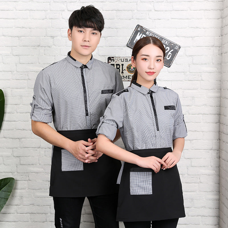 2022 New Fashion Long Sleeve Waiter Shirt with Apron Set Fast Food Shop Waitress Work Clothing Restaurant Staff Work Uniform