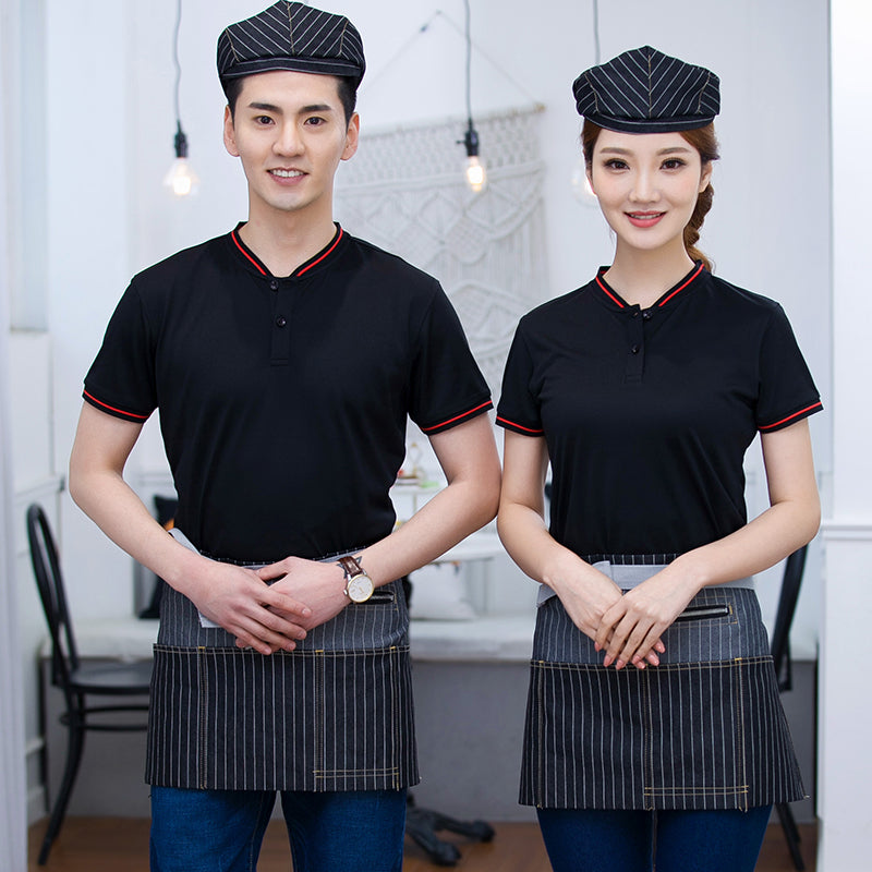 S to 4XL Big Size Restaurant Waiter Uniform Hotel Summer Working T Shirt+Apron Set Catering Waitress Work Clothing