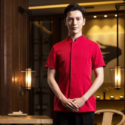 High Quality Hotel Work Clothing Men and Women Summer Hotpot Staff Uniforms Restaurant Gray Retro Waiter Uniforms Chinese Shirt