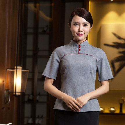 High Quality Hotel Work Clothing Men and Women Summer Hotpot Staff Uniforms Restaurant Gray Retro Waiter Uniforms Chinese Shirt