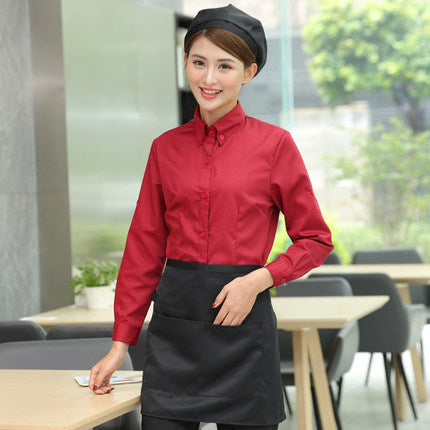 Wholesale Cafeteria Work Shirt and Apron Set Hotel Waiter Long Adjusted Sleeve Uniform Beer Bar Waitress Clothing