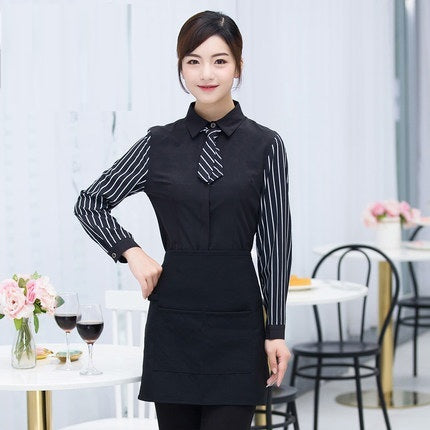 Spring/Autumn Long Sleeve Black Striped Work Shirt+Apron Set Hotel Waiter Uniform Clothing Customized Work Wear