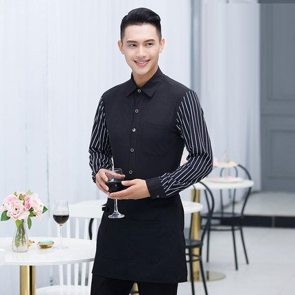 Spring/Autumn Long Sleeve Black Striped Work Shirt+Apron Set Hotel Waiter Uniform Clothing Customized Work Wear