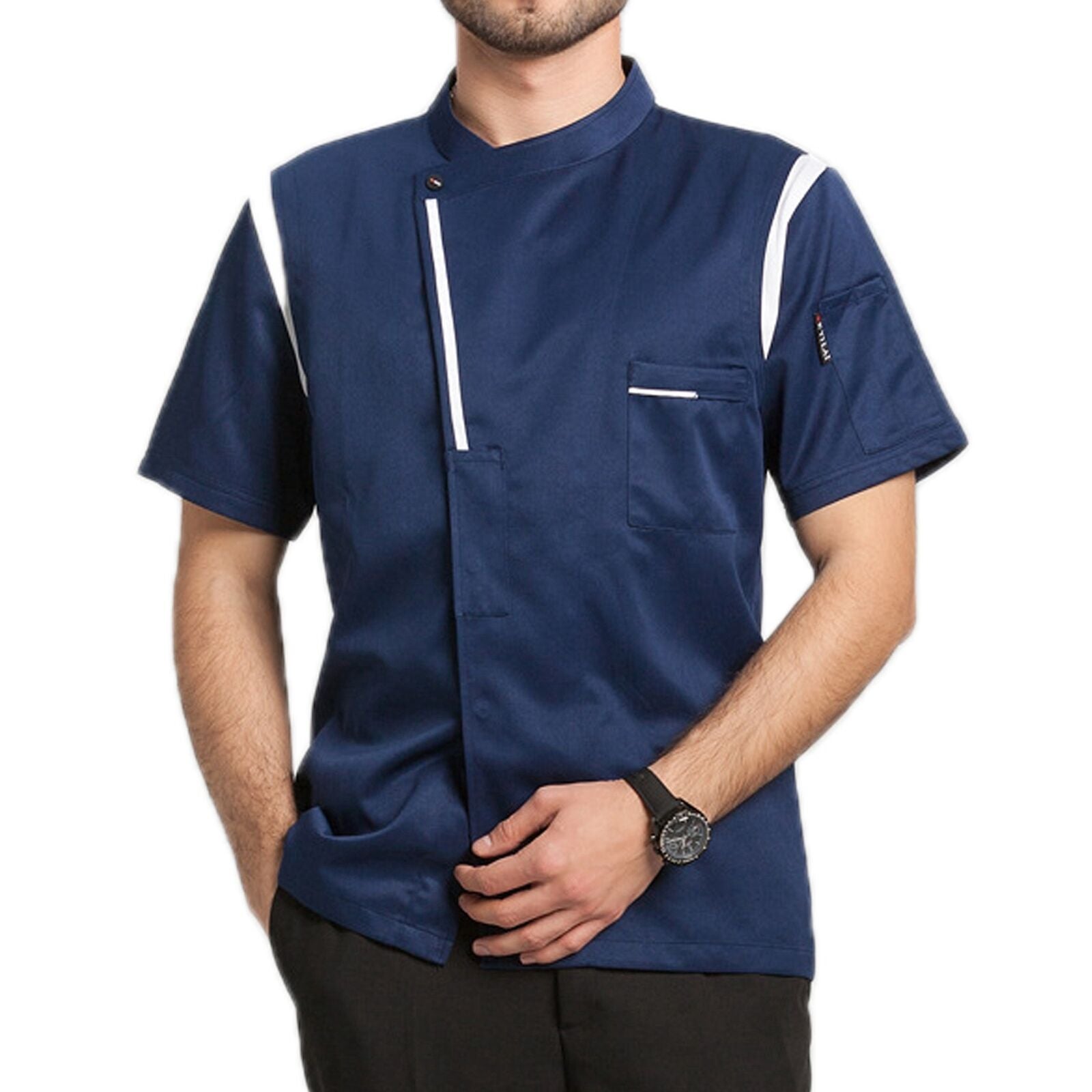 Unisex Breathable Cook Jacket Short Sleeve Chef Uniform Tops with Pocket Coat