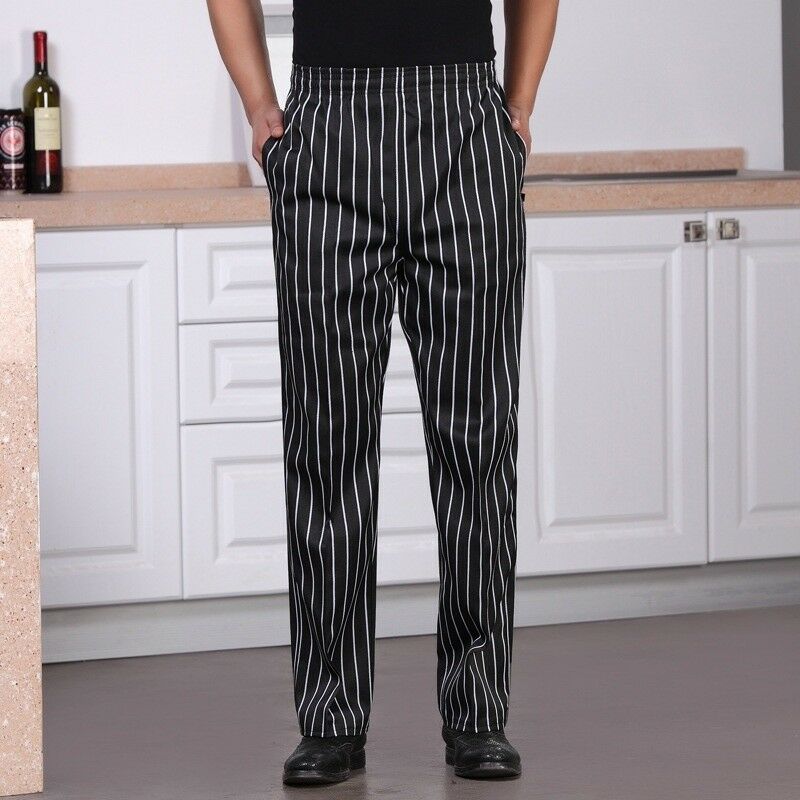 Women Men Baggy Chef Pants Restaurant Cook Uniform Trousers Elastic Waist Stripe