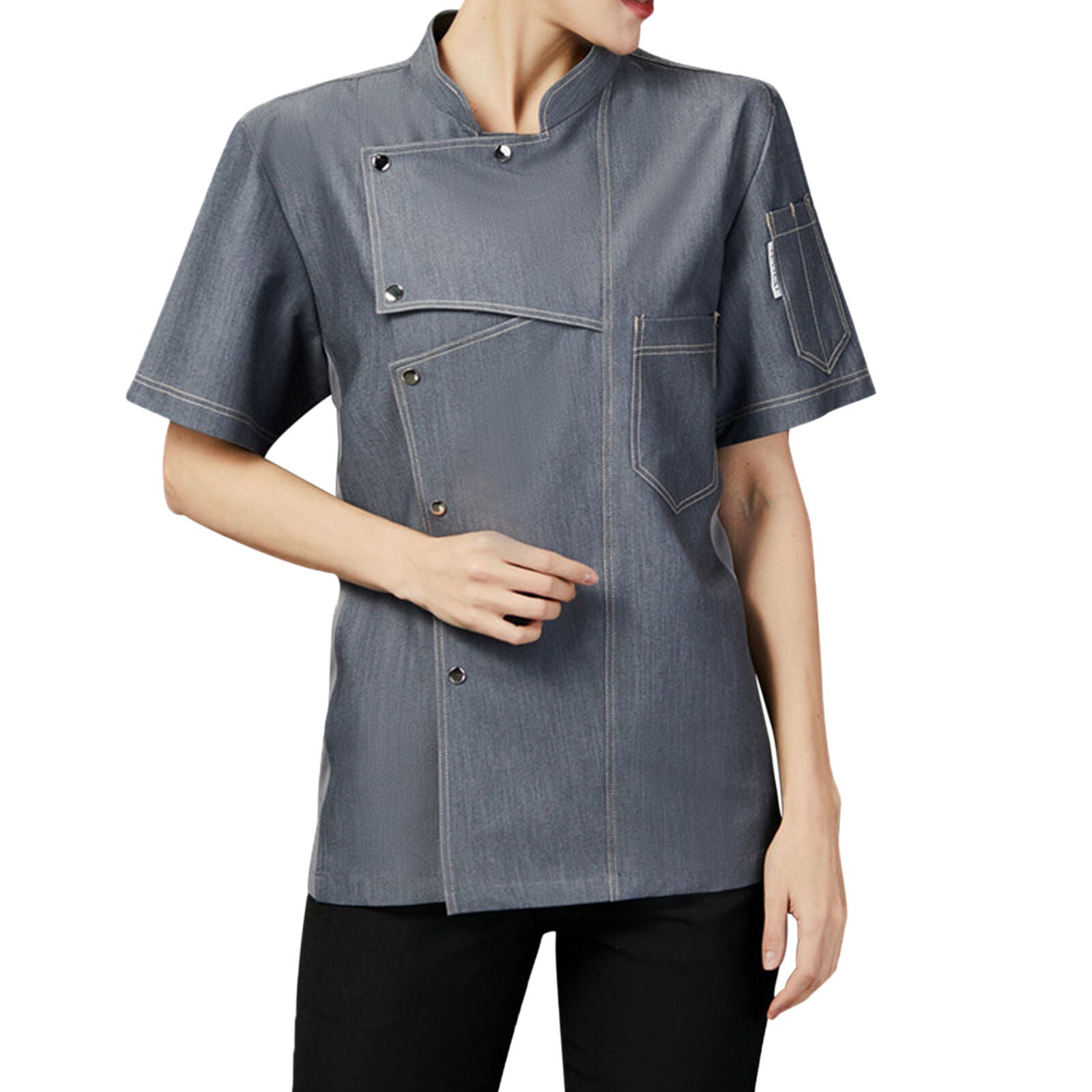Chef Coat Short Sleeve Men Collar Tops with Pocket Restaurant Canteen Uniform