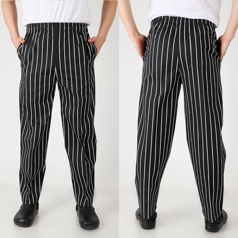 Women Men Baggy Chef Pants Restaurant Cook Uniform Trousers Elastic Waist Stripe